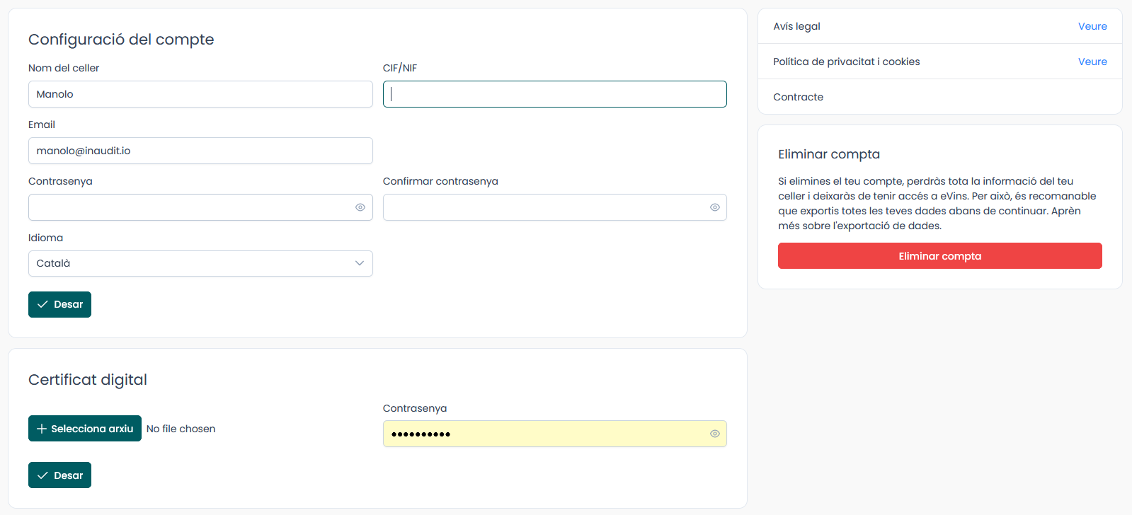 Panel de configuración
